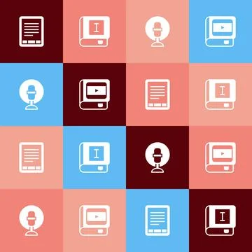 Set pop art E-Book reader, Microphone and about cinema icon. Vector Stock Illustration