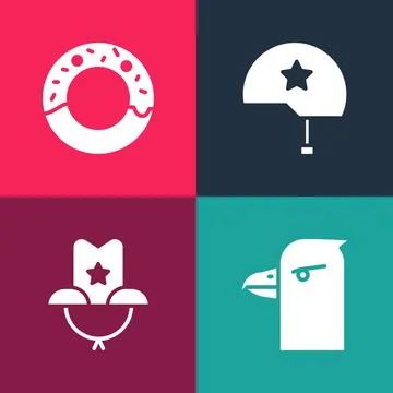 Set pop art Eagle head, Western cowboy hat, Military helmet and Donut icon Stock Illustration