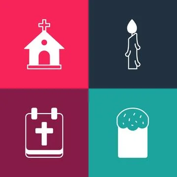Set pop art Easter cake, Calendar with, Burning candle and Church building .. Ilustración de archivo
