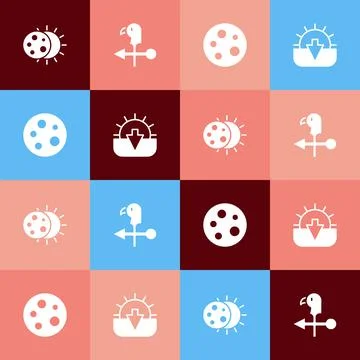 Set pop art Eclipse of the sun, Rooster weather vane, Moon and Sunset icon 스톡 일러스트