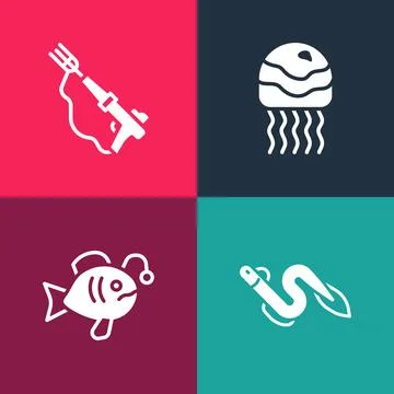 Set pop art Eel fish, Tropical, Jellyfish and Fishing harpoon icon. Vector Stock Illustration