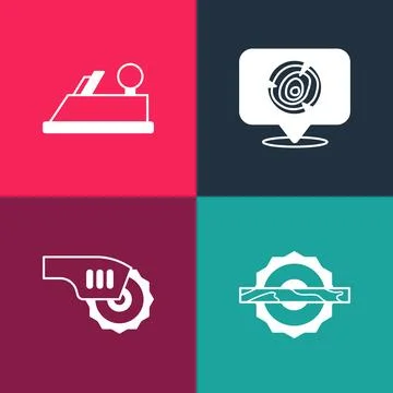 Set pop art Electric circular saw, Wooden logs and plane tool icon. Vector Stock Illustration