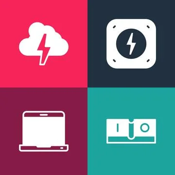 Set pop art Electric light switch, Laptop, Lightning bolt and Cloud and lig.. Stock Illustration