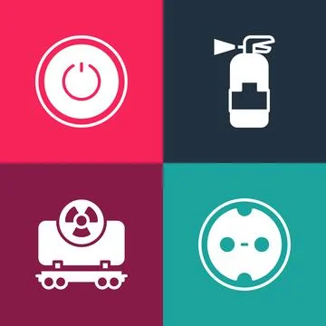 Set pop art Electrical outlet, Radioactive cargo train, Fire extinguisher and Stock Illustration