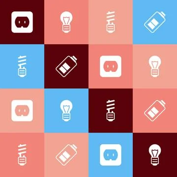 Set pop art Electrical outlet, Creative lamp light idea, LED bulb and Battery Stock Illustration
