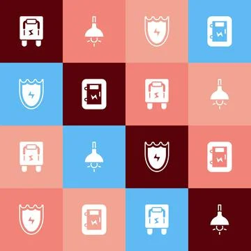 Set pop art Electrical panel, Lamp hanging, Lightning and shield and icon Stock Illustration