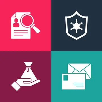 Set pop art Envelope, Bribe money bag, Police badge and Paper analysis Stockillustratie