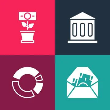 Set pop art Envelope with dollar symbol, Pie chart infographic, Bank building Ilustración de archivo