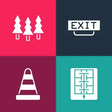 Set pop art Evacuation plan, Traffic cone, Fire exit and Forest icon. Vector Stock Illustration