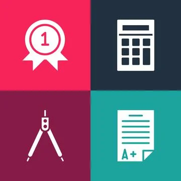 Set pop art Exam sheet with A plus grade, Drawing compass, Calculator and Medal Stock Illustration