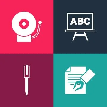 Set pop art Exam sheet and pencil, Pen, Chalkboard and Ringing alarm bell i.. Stock Illustration