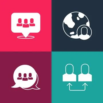 Set pop art Exchange work, Project team base, Globe and people and icon. Vector Stock Illustration