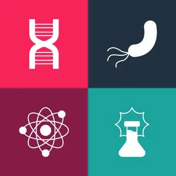 Set pop art Explosion in the flask, Atom, Bacteria and DNA symbol icon. Vector Stock Illustration