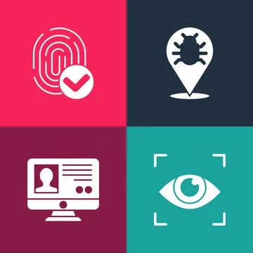 Set pop art Eye scan, Create account screen, System bug and Fingerprint icon イラスト素材