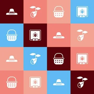 Set pop art Farmer worker hat, Sprout, Wicker basket and Colorado beetle icon Stock Illustration