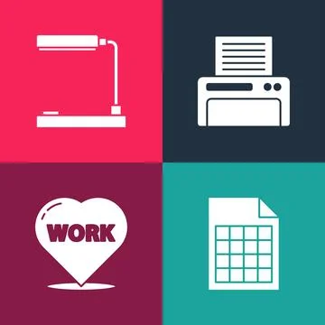 Set pop art File document, Heart with text work, Printer and Table lamp icon Stock Illustration