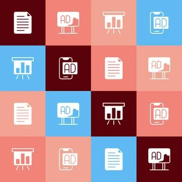 Set pop art File document, Advertising, Board with graph chart and icon. Vector Illustrazione stock