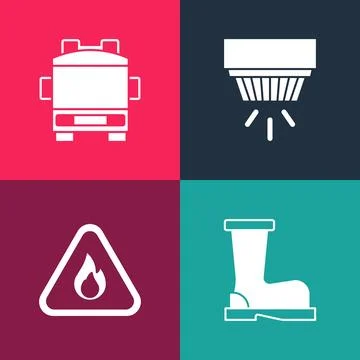 Set pop art Fire boots, flame in triangle, Smoke alarm system and truck ico.. Stock Illustration