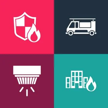 Set pop art Fire in burning buildings, Smoke alarm system, truck and protection Ilustración de archivo