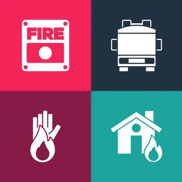 Set pop art Fire in burning house, No fire, truck and alarm system icon. Vector Stock Illustration