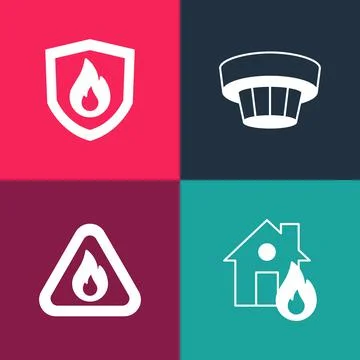 Set pop art Fire in burning house, flame triangle, Smoke alarm system and Illustrazione stock