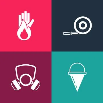 Set pop art Fire cone bucket, Gas mask, hose reel and No fire icon. Vector Stock-Illustration