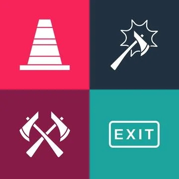 Set pop art Fire exit, Firefighter axe,  and Traffic cone icon. Vector Illustration