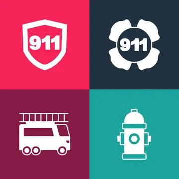 Set pop art Fire hydrant, truck, Emergency call 911 and icon. Vector 스톡 일러스트
