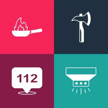 Set pop art Fire sprinkler system, Emergency call, Firefighter axe and Pan with Illustration