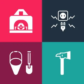 Set pop art Firefighter axe, shovel and bucket, Electricity spark and Interior Stock Illustration