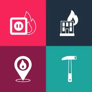 Set pop art Firefighter axe, Location with fire flame, in burning building and Ilustración de archivo