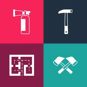 Set pop art Firefighter axe, Evacuation plan, and extinguisher icon. Vector Illustration