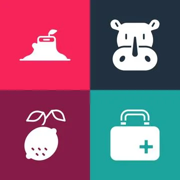 Set pop art First aid kit, Lemon, Rhinoceros and Tree stump icon. Vector Stock-Illustration