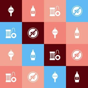 Set pop art Fishing float, Bottle of vodka, Spinning reel for fishing and Stock Illustration