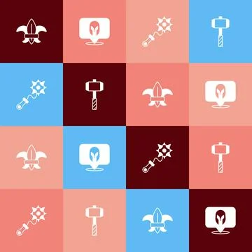 Set pop art Fleur de lys or lily flower, Medieval helmet, Mace with spikes and Illustration