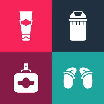 Set pop art Flip flops, Perfume, Trash can and Tube of toothpaste icon. Vector Illustration