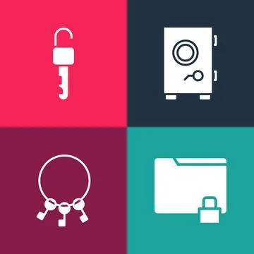 Set pop art Folder and lock, Bunch of keys, Safe and Unlocked icon. Vector Stock Illustration