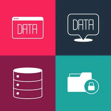 Set pop art Folder and lock, Server, Data analysis and icon. Vector Stock Illustration