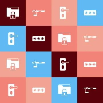 Set pop art Folder and lock, Parking car barrier, Fingerprint door and Password Illustration