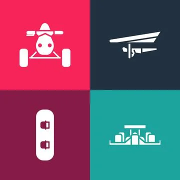 Set pop art Formula 1 racing car, Snowboard, Hang glider and ATV motorcycle icon Illustrazione stock