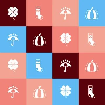 Set pop art Four leaf clover, Socks, Umbrella and rain drops and Pumpkin icon Stock Illustration