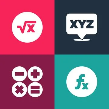 Set pop art Function mathematical symbol, Calculator, XYZ Coordinate system and Stock Illustration