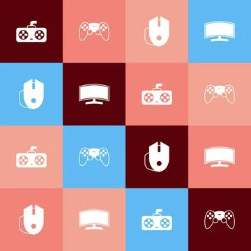 Set pop art Game controller or joystick, Computer mouse and monitor icon. Vector Stock Illustration