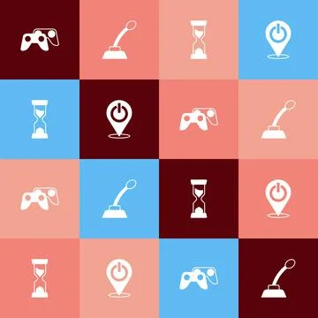 Set pop art Game controller or joystick, Microphone, Old hourglass and Power Stock Illustration