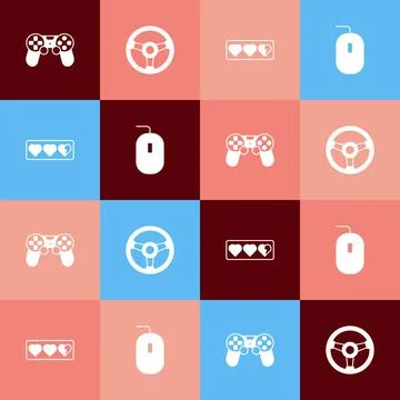 Set pop art Game controller or joystick, Racing simulator, life bar and Compu Stock Illustration