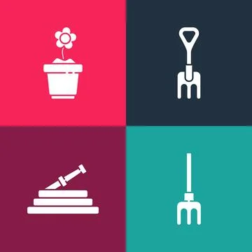Set pop art Garden rake, hose or fire hose, and Flower in pot icon. Vector Illustration