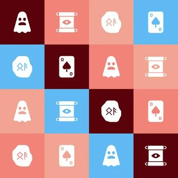 Set pop art Ghost, Magic scroll, runes and Playing cards icon. Vector Stock Illustration