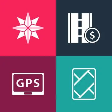 Set pop art Gps device with map, , Toll road traffic sign and Wind rose icon Stock Illustration