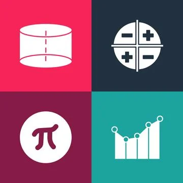 Set pop art Graph, schedule, chart, diagram, Pi symbol, XYZ Coordinate system Stock Illustration