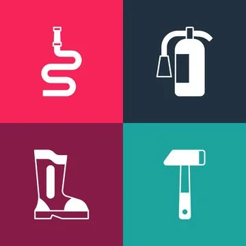 Set pop art Hammer, Fire boots, extinguisher and hose reel icon. Vector Stock Illustration